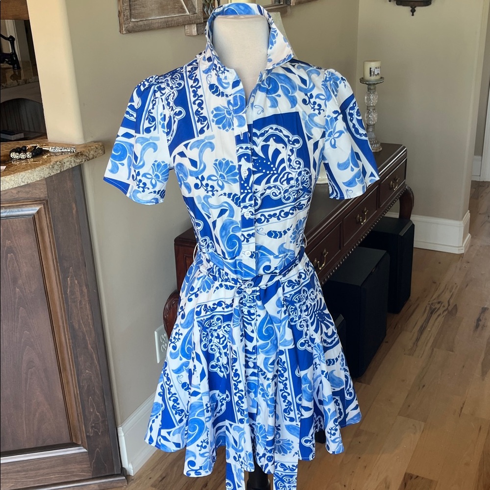 Avara Logan Blue White Print Tie Sash Waist New
